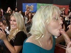 Honeys are taking turns sucking strippers cock