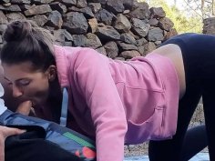 Hot brunette teen takes big cock outdoors